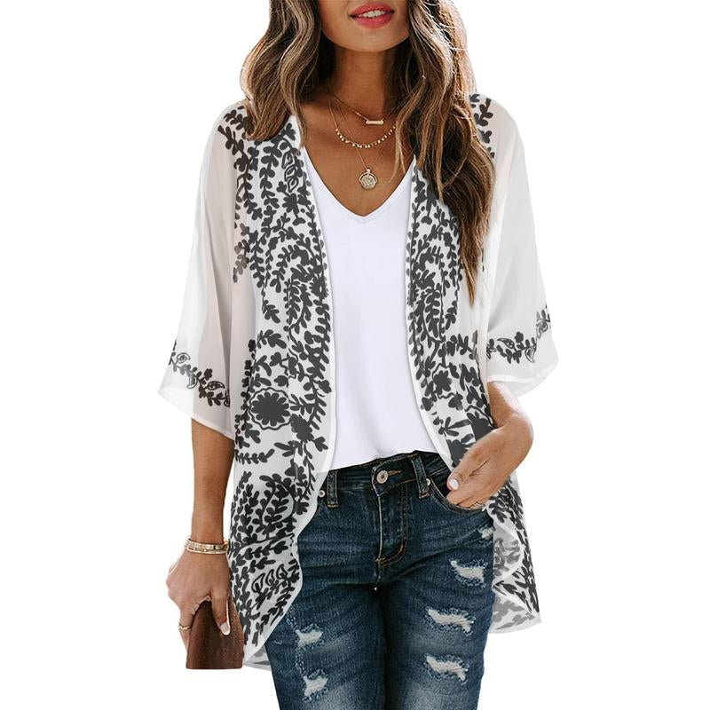 Women'S Floral Kimono Cardigan Loose Cover up Casual Blouse Tops