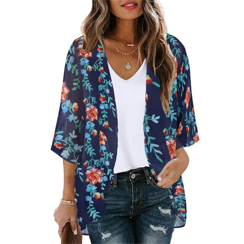 Women'S Floral Kimono Cardigan Loose Cover up Casual Blouse Tops