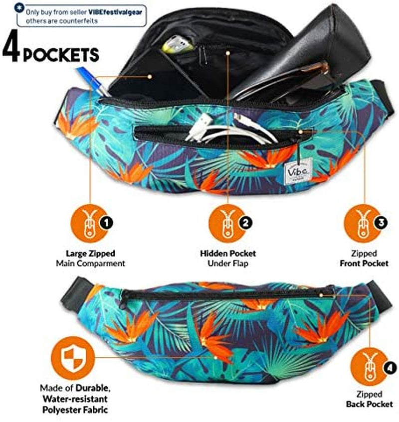 Fanny Pack for Men Women - Many Prints - Black Holographic Silver Gold Cute Waist Bag for Festival Rave Hiking Running Cycling