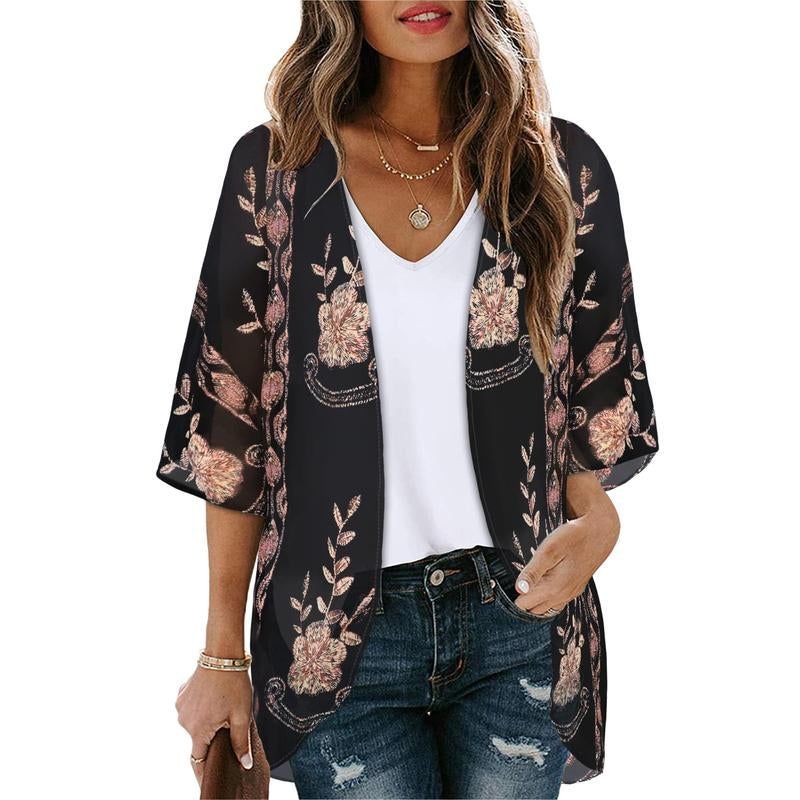 Women'S Floral Kimono Cardigan Loose Cover up Casual Blouse Tops