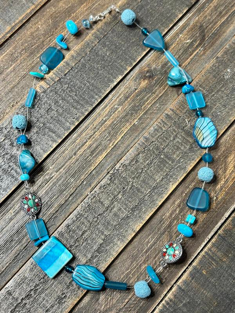 Blue Sea Glass Necklace Hawaiian Wrap Bead Glass Bead Boho Jewelry for Anniversary, Engagement, Birthday, or Valentines