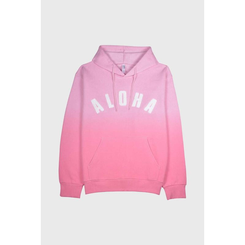 Fuzzy Embroidered Hawaiian ALOHA Hoodie - Faded Pink Ombre