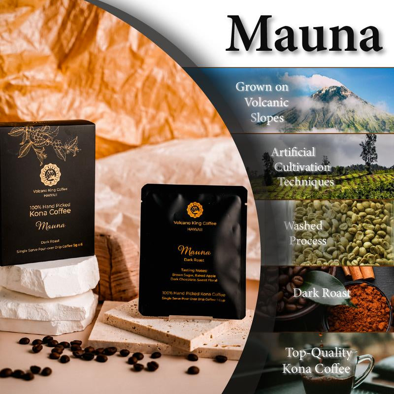 Volcano King Coffee 100% Hand Picked Kona Coffee from Hawaii Convenient Single Serve Pour over Drip Coffee Pack Sustainably Grown and Roasted in Our Kona Farms 6 Servings per Box Beverage
