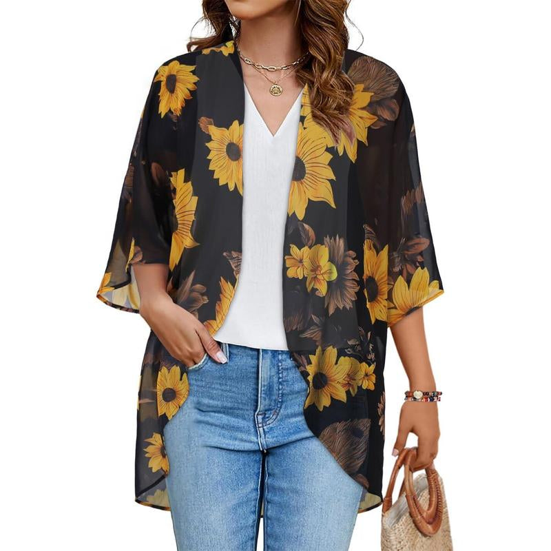 Women'S Floral Kimono Cardigan Loose Cover up Casual Blouse Tops