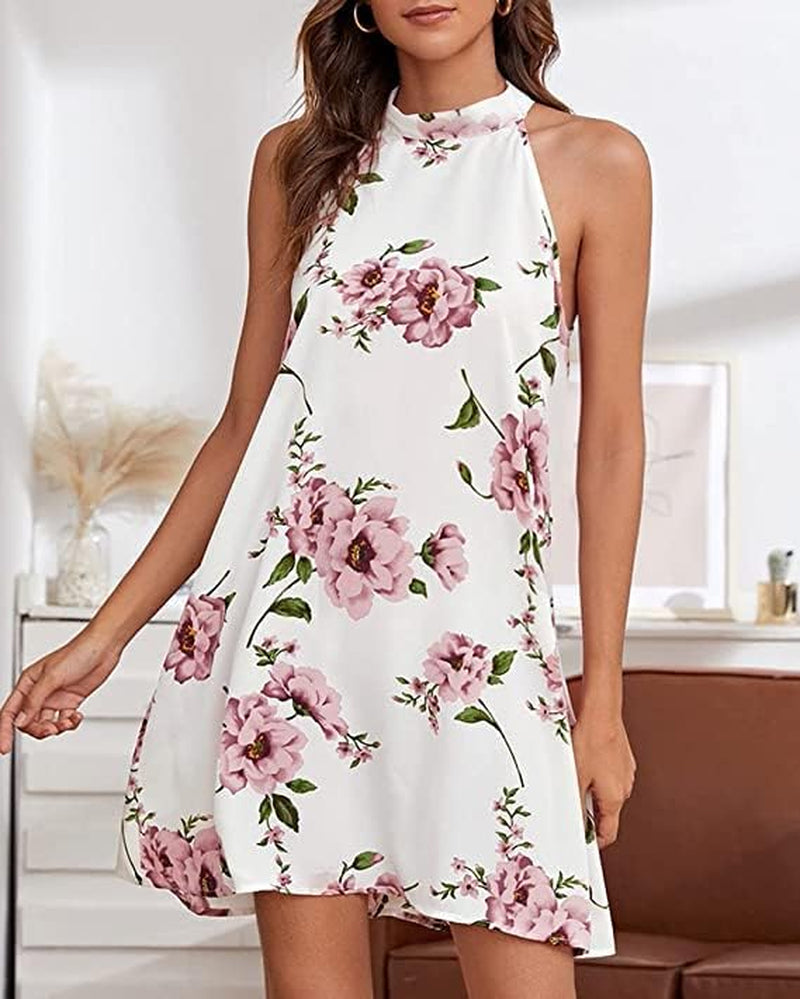 Women Floral Beach Vacation Sun Dress Sundress Halter Shift Mini Short Dress with Pockets
