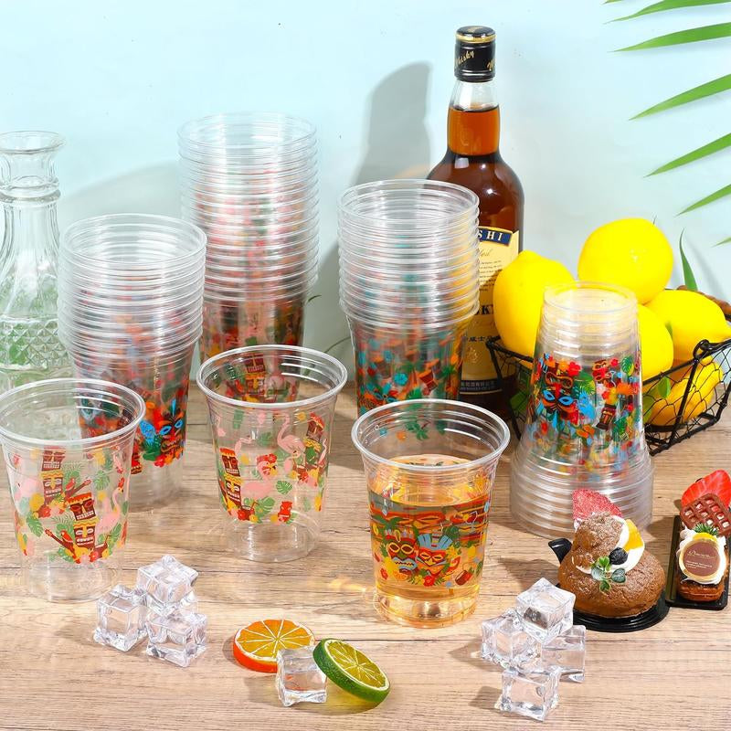 120 Pcs Tiki Party Cups 16Oz Hawaiian Luau Drinking Cups Tiki Themed Luau Disposable Plastic Cups Tropical Hibiscus Wine Glasses Flamingo Cups for Hawaiian Luau Tropical Beach Party Pineapple