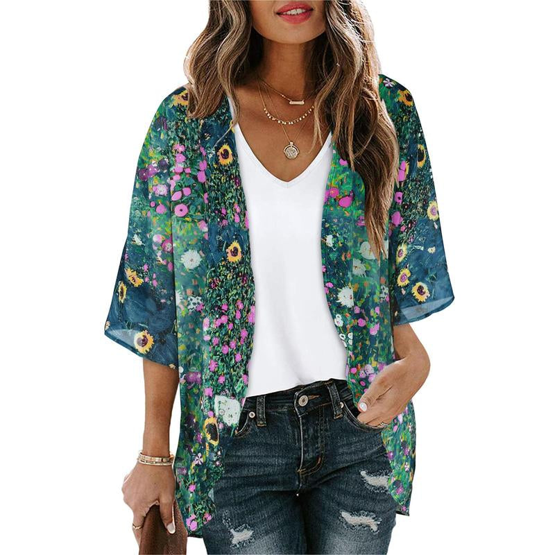 Women'S Floral Kimono Cardigan Loose Cover up Casual Blouse Tops