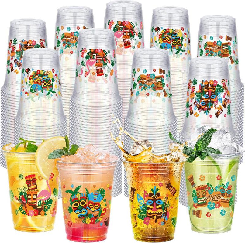 120 Pcs Tiki Party Cups 16Oz Hawaiian Luau Drinking Cups Tiki Themed Luau Disposable Plastic Cups Tropical Hibiscus Wine Glasses Flamingo Cups for Hawaiian Luau Tropical Beach Party Pineapple