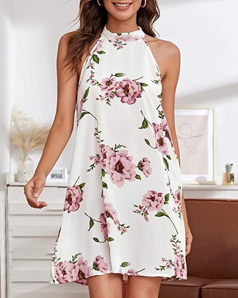 Women Floral Beach Vacation Sun Dress Sundress Halter Shift Mini Short Dress with Pockets