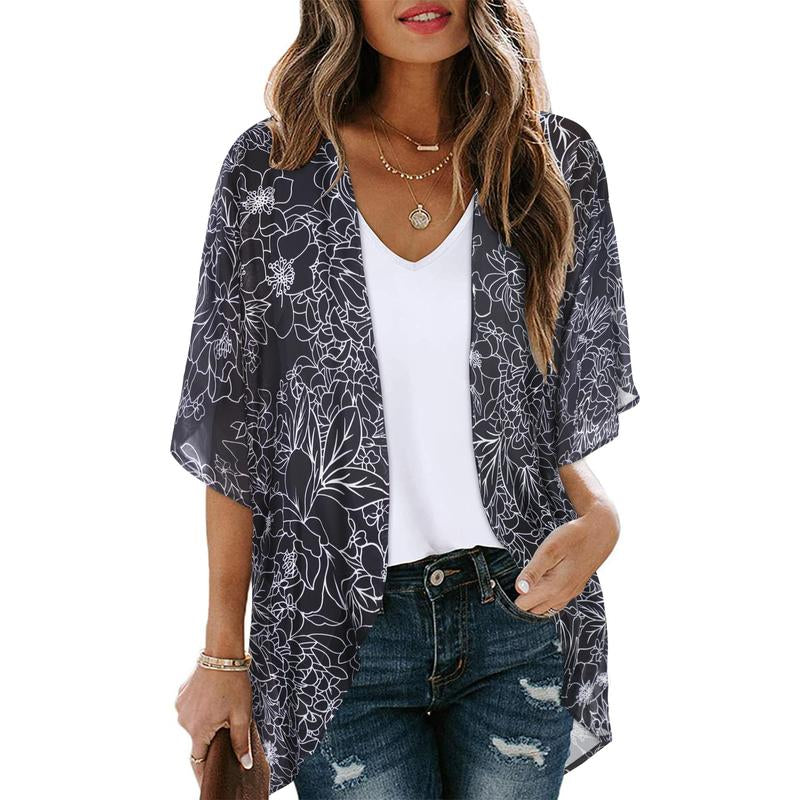 Women'S Floral Kimono Cardigan Loose Cover up Casual Blouse Tops