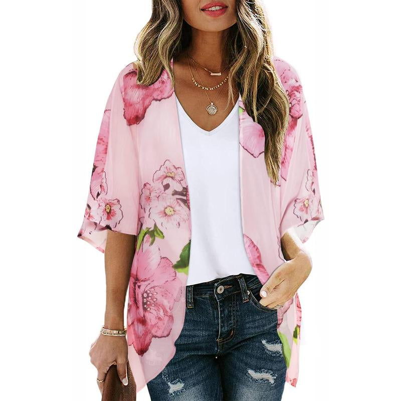 Women'S Floral Kimono Cardigan Loose Cover up Casual Blouse Tops