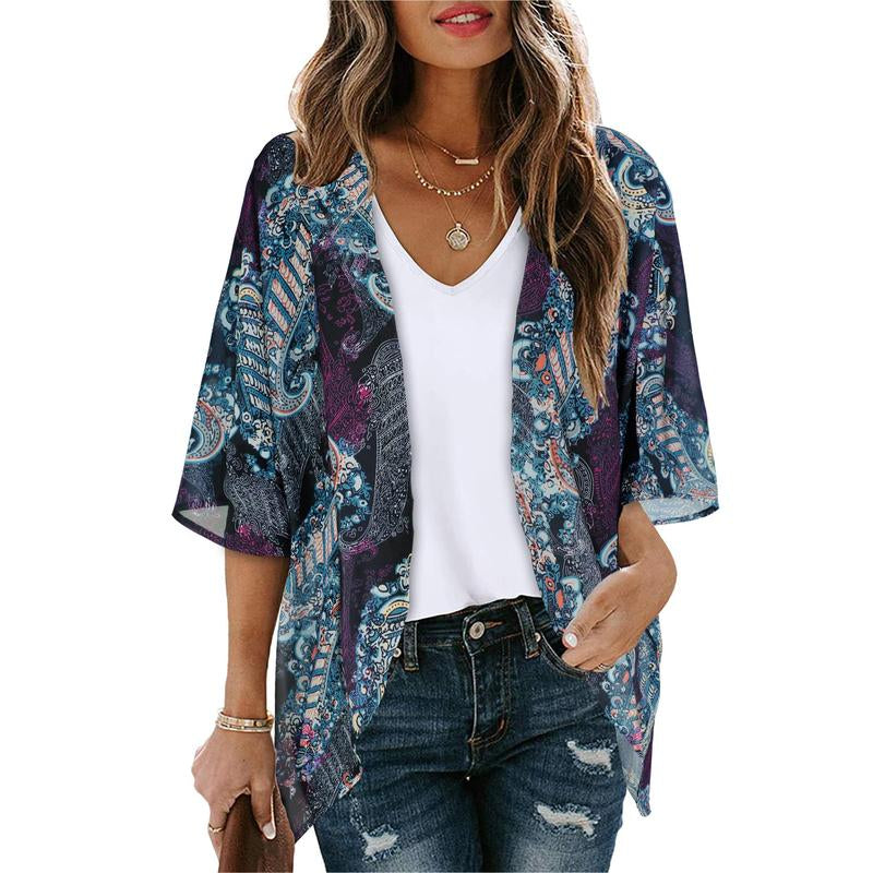 Women'S Floral Kimono Cardigan Loose Cover up Casual Blouse Tops
