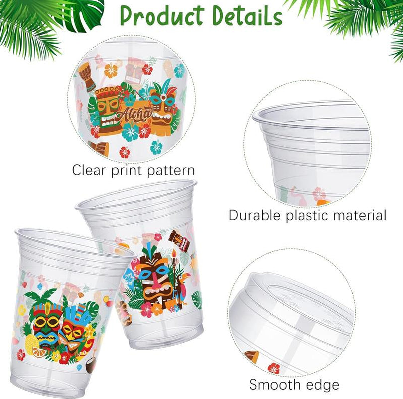 120 Pcs Tiki Party Cups 16Oz Hawaiian Luau Drinking Cups Tiki Themed Luau Disposable Plastic Cups Tropical Hibiscus Wine Glasses Flamingo Cups for Hawaiian Luau Tropical Beach Party Pineapple