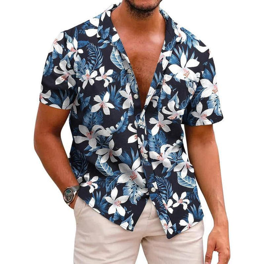 Mens Hawaiian Casual and Tropical Short Sleeve Beach Vacation Shirt Floral Collar Cotton Menswear Top Loose Top Loose